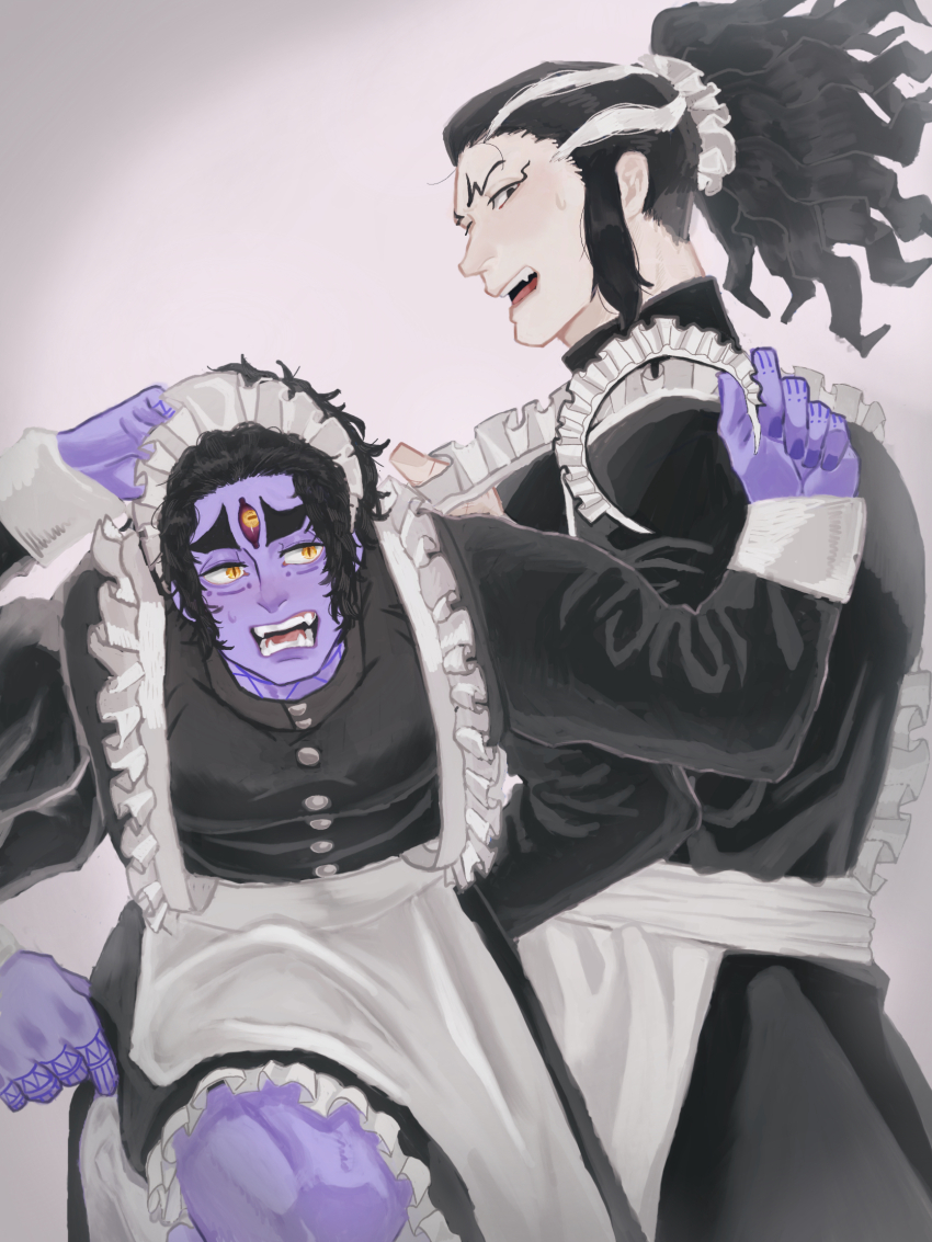 2boys, apron, arm_up, black_dress, black_hair, colored_skin, crossdressing, crossdressing_(mtf)