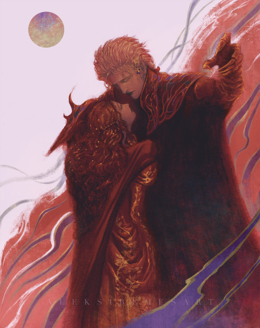 1boy, 1girl, aleksi_remes, artist_name, cape, charlotte_elbourne, claws, closed_eyes