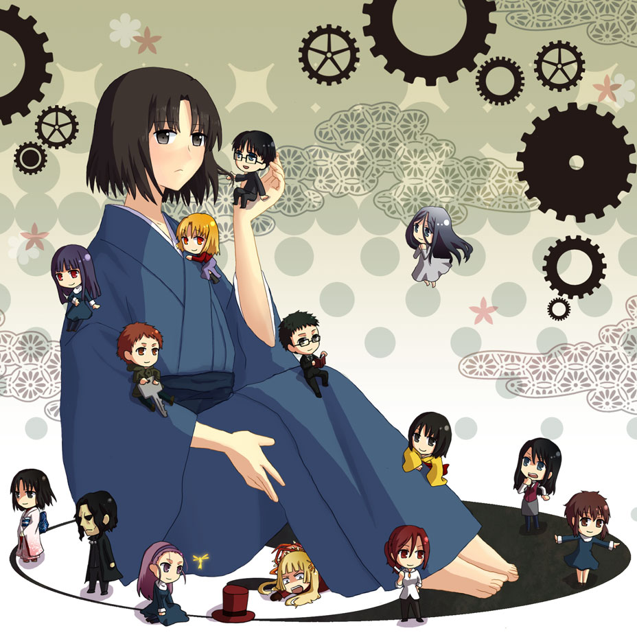 6+boys, 6+girls, :<, aozaki_touko, araya_souren, asagami_fujino, barefoot, black_hair