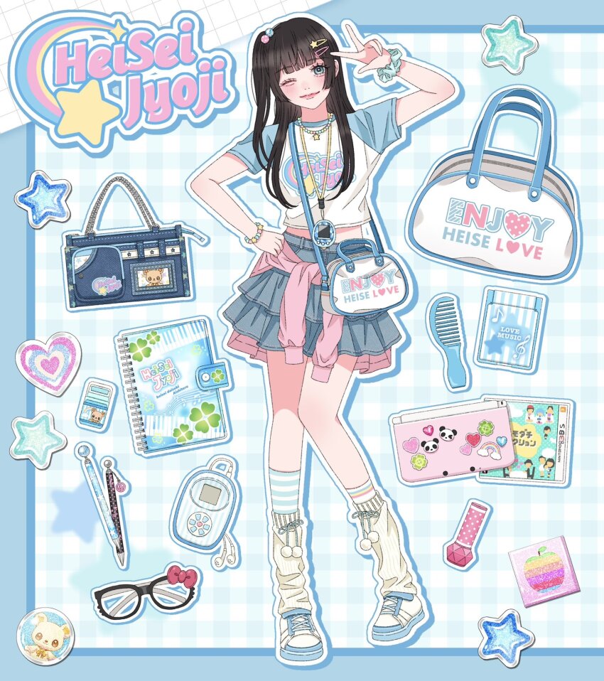 1girl, aegyo_sal, asuka_(a20_suka002018), bag, bead_bracelet, beads, black_hair, blue_theme