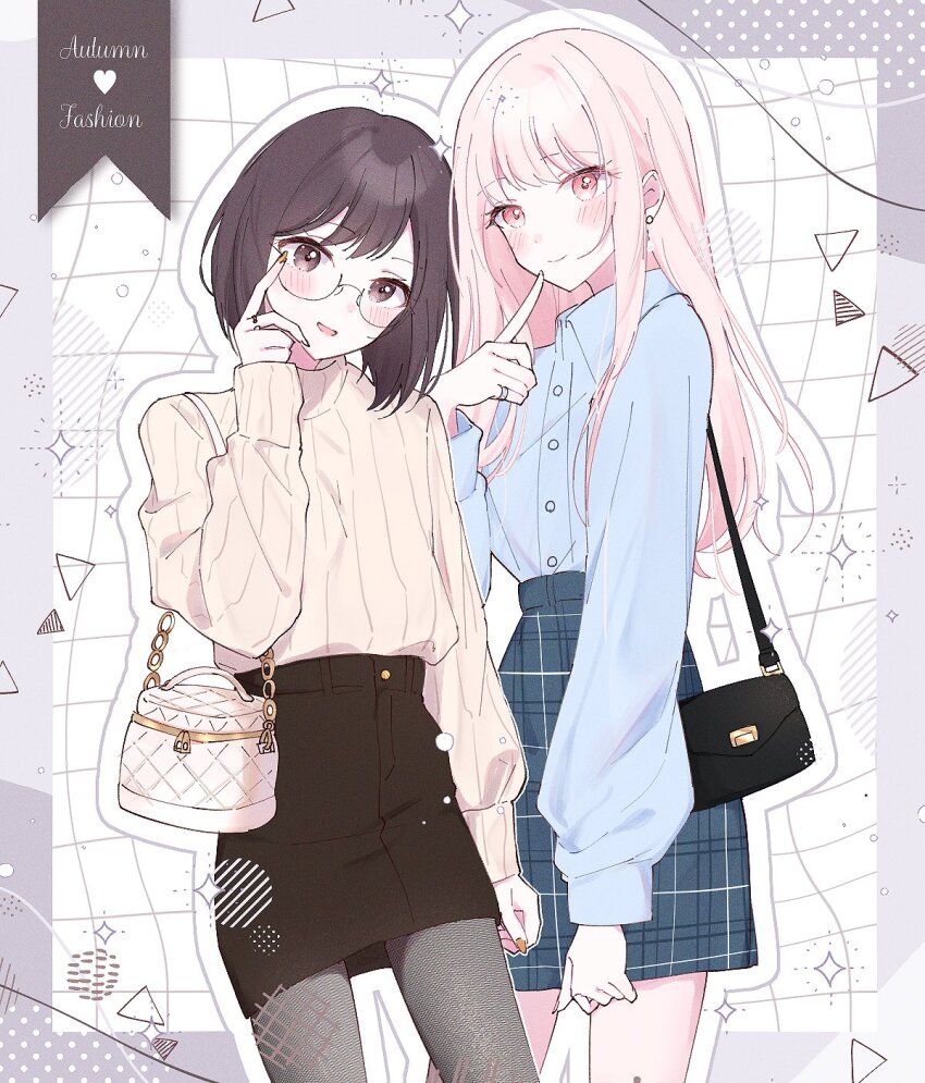 1girl, 1other, adjusting_eyewear, akiyama_mizuki, androgynous, bag, bespectacled, black_skirt