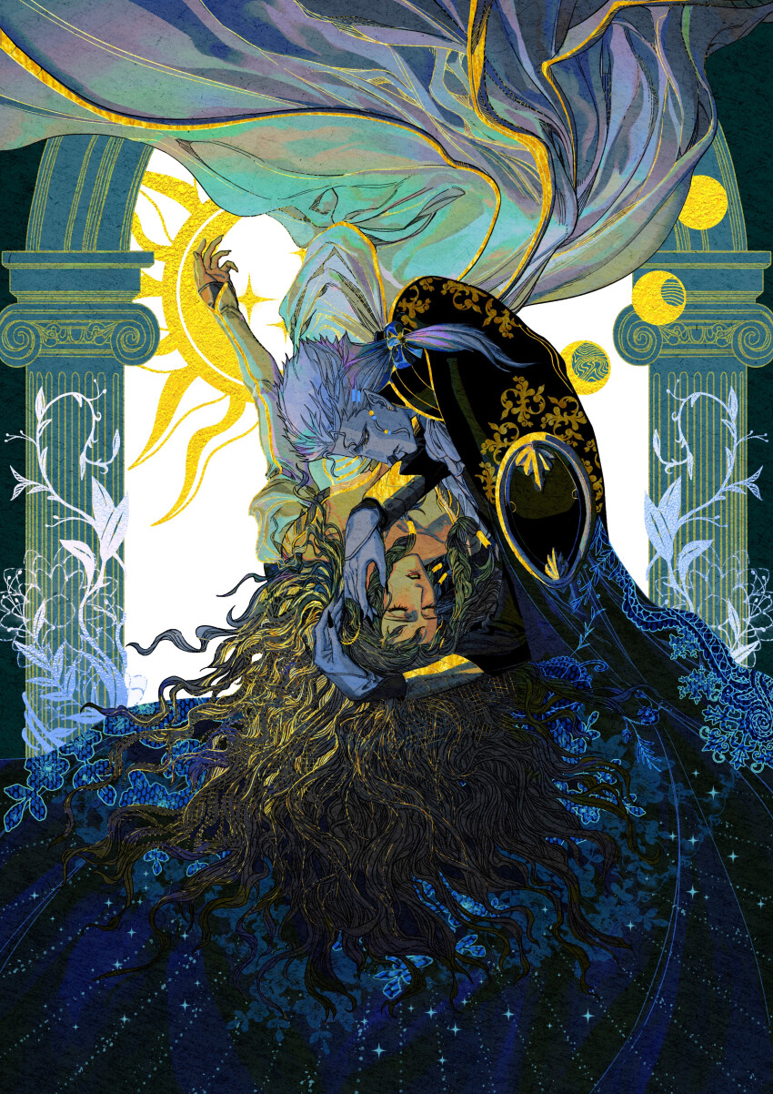 1boy, 1girl, absurdres, black_nails, bow, charlotte_elbourne, closed_eyes, commentary