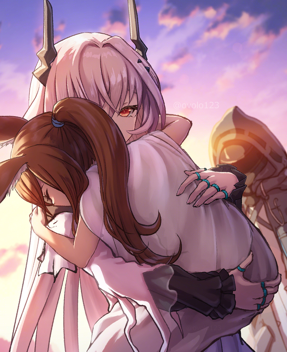 1other, 2girls, amiya_(arknights), amiya_(young)_(arknights), animal_ears, arknights, black_jacket, brown_hair