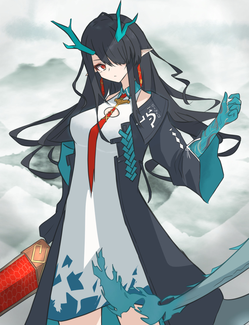 1girl, absurdres, arknights, black_hair, black_jacket, colored_skin, dragon_girl, dragon_horns