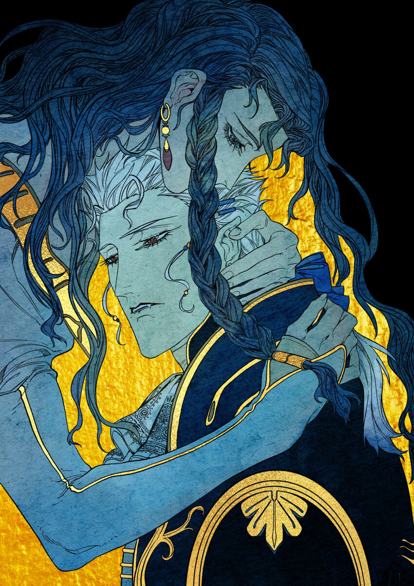 1boy, 1girl, absurdres, ascot, black_background, blue_bow, bow, braid