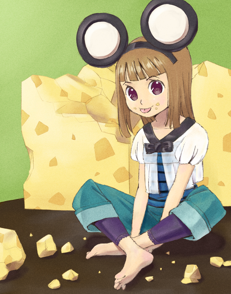 1girl, :p, animal_ears, barefoot, cheese, feet, female_focus, food