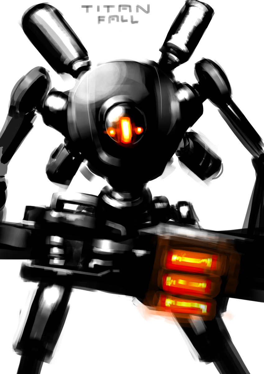 absurdres, glowing, glowing_eye, highres, humanoid_robot, jetpack, machine, mecha, mecha_focus, nakamu512, no_humans, northstar_(titanfall), one-eyed, orange_eyes, partially_colored, pr-01_plasma_railgun, railgun, robot, science_fiction, titan_(titanfall), titanfall_(series), titanfall_2