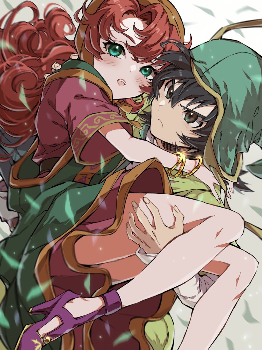 1boy, 1girl, arms_around_neck, black_eyes, black_hair, bonnet, bracelet, broken_glass