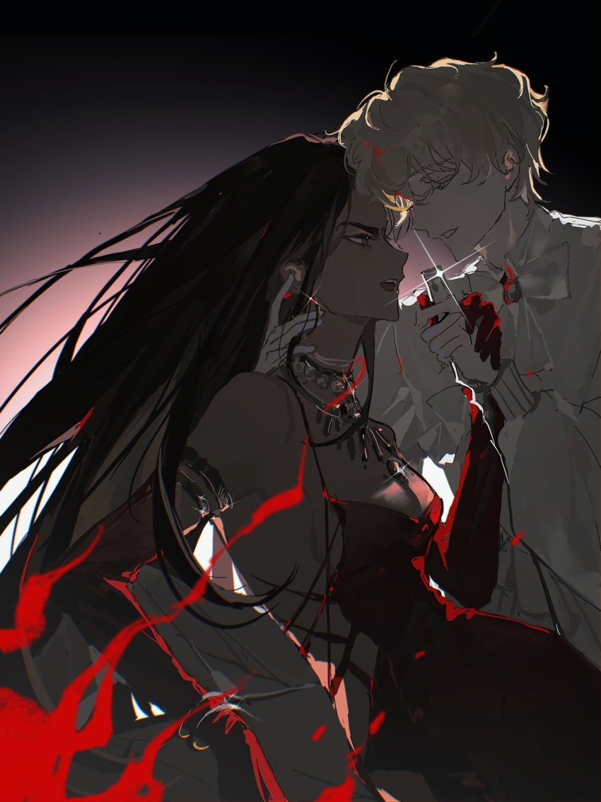 1boy, 1girl, alien_stage, alternate_costume, blonde_hair, bracelet, breasts, brown_hair