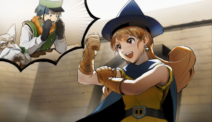 1girl, 2boys, :d, alena_(dq4), aqua_hair, balding, beard, black_gloves