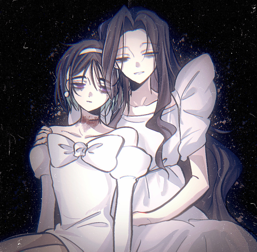 2girls, alien_stage, arm_around_shoulder, bare_shoulders, black_background, black_eyes, black_hair, blood