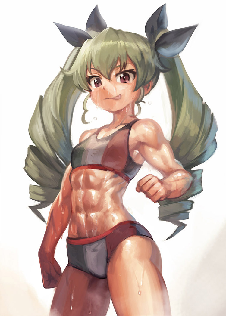 1girl, :p, abs, anchovy_(girls_und_panzer), black_ribbon, closed_mouth, commentary, cowboy_shot