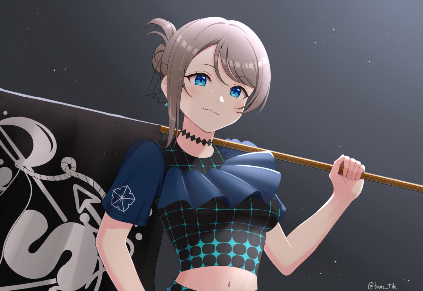 alternate_costume, alternate_hairstyle, blue_eyes, boncha, breasts, brown_hair, crop_top, fantastic_departure