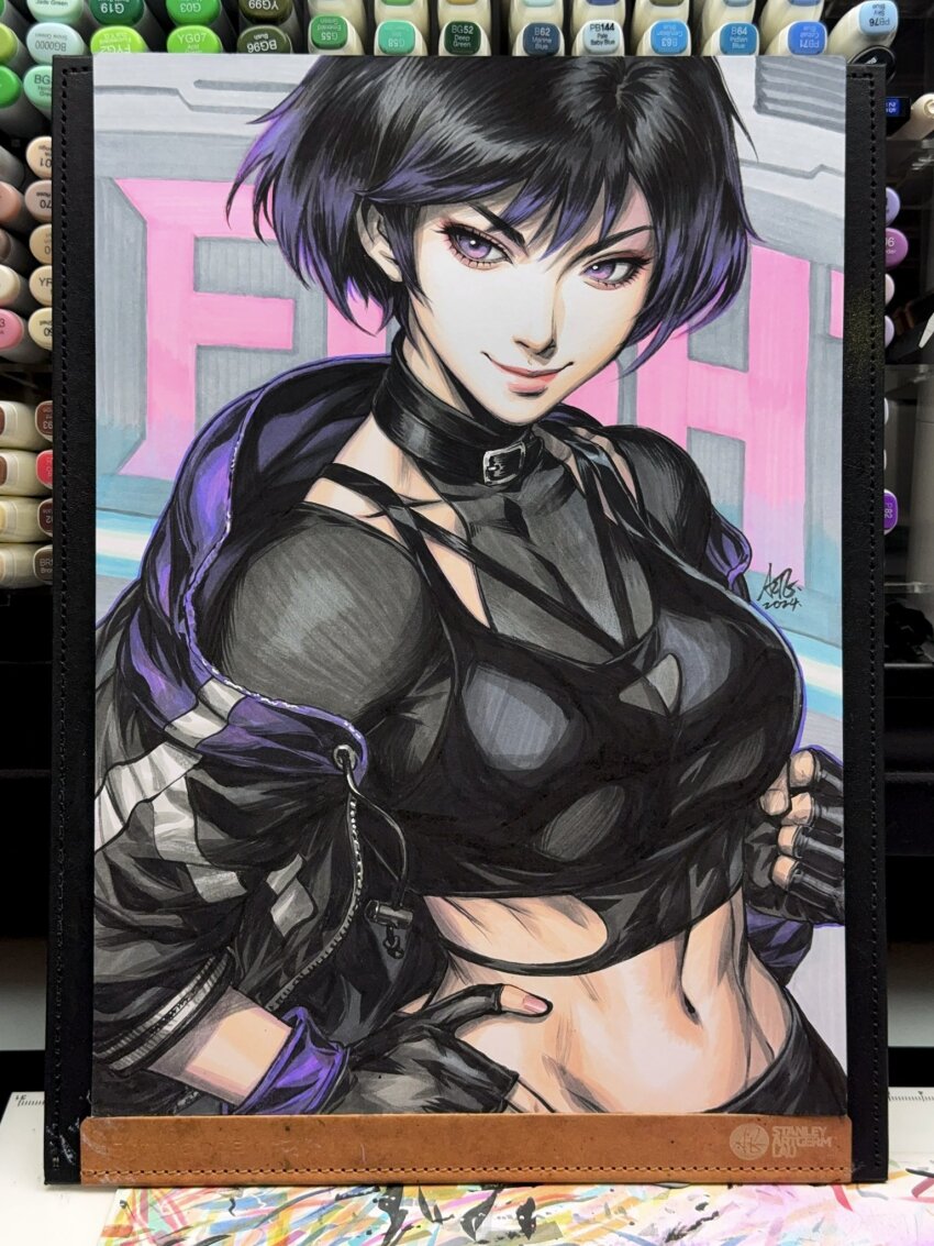 1girl, art_tools_in_frame, black_gloves, black_hair, bra_over_clothes, clenched_hand, closed_mouth, colored_tips