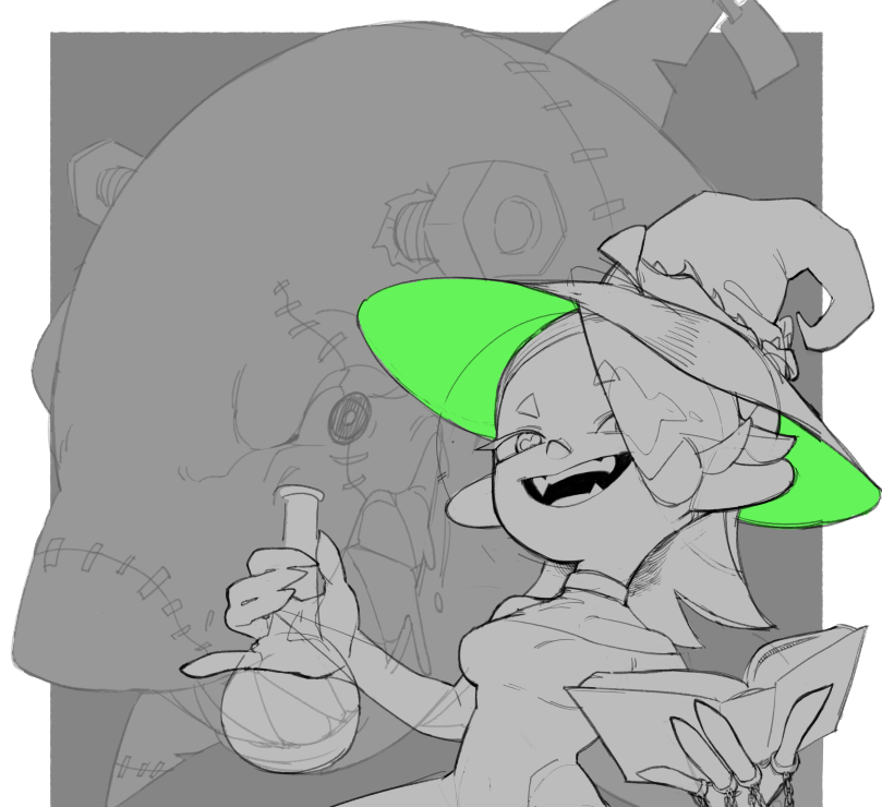 1girl, book, border, choker, dress, drooling, fangs, grey_background