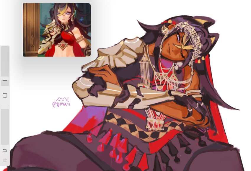 1girl, african_clothes, alternate_costume, amazigh_clothes, artist_name, black_hair, blonde_hair, blue_eyes