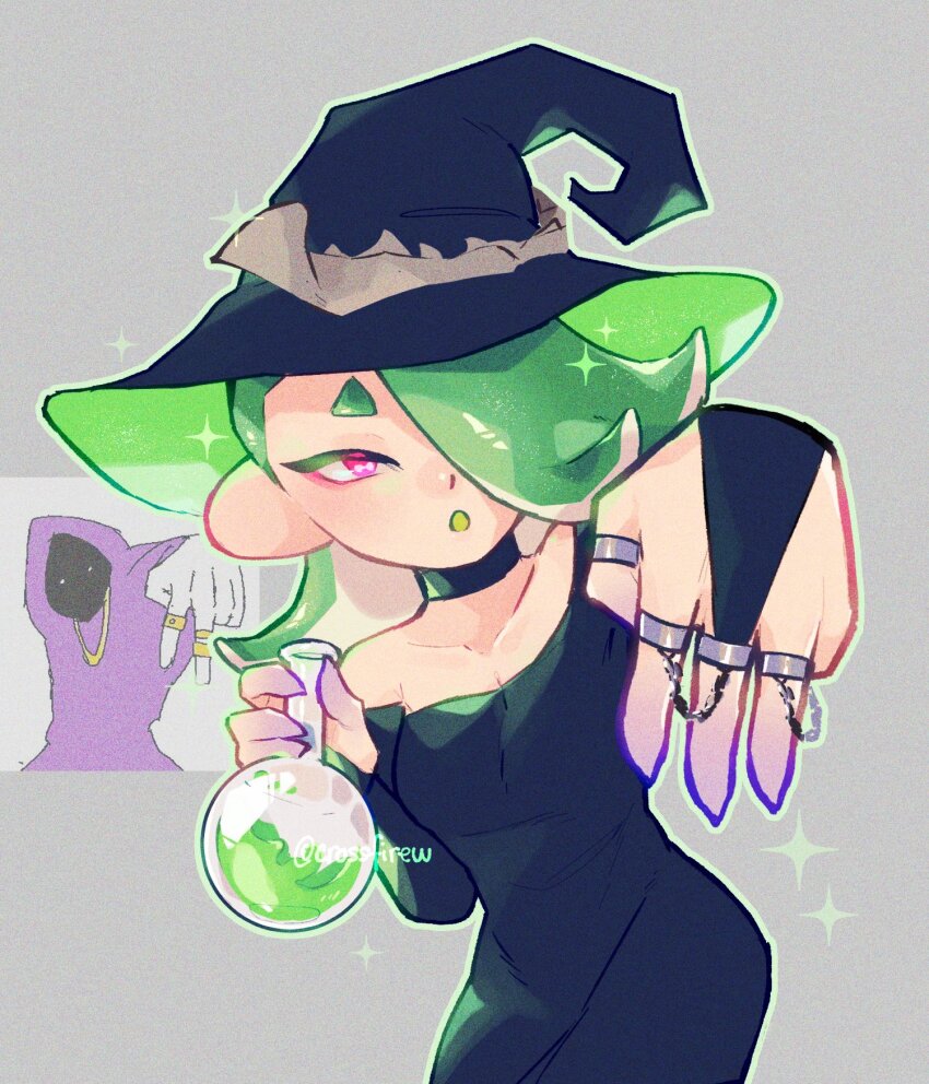 1girl, 1other, bridal_veil, choker, cowboy_shot, dress, facing_viewer, green_hair