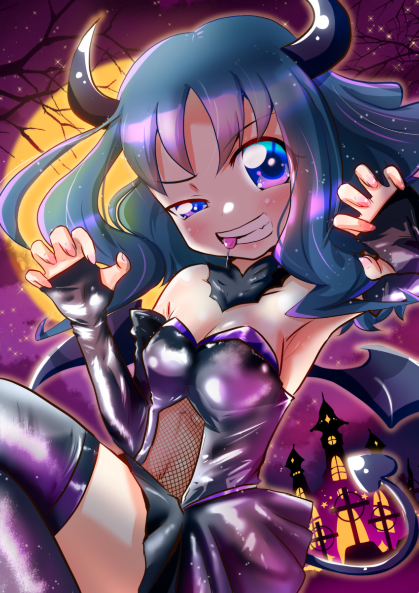 1girl, absurdres, bare_tree, black_dress, black_gloves, black_thighhighs, blue_eyes, blue_hair