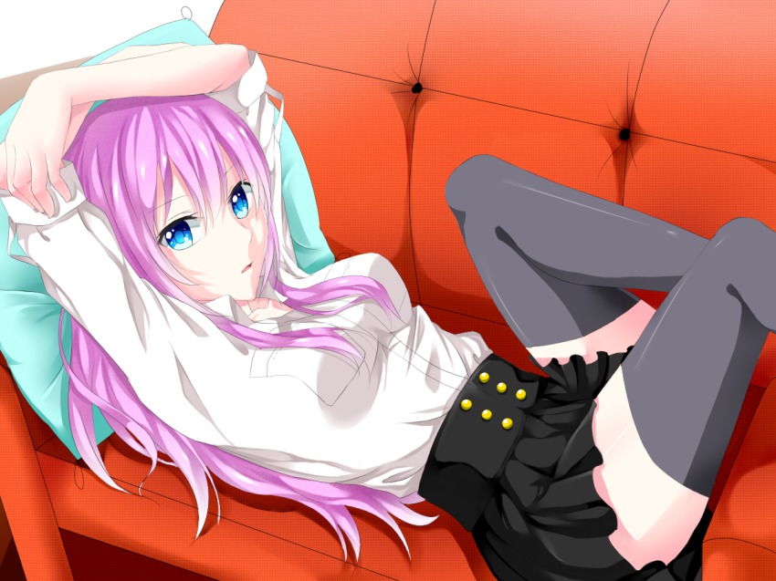 1girl, arms_up, bad_id, bad_pixiv_id, black_skirt, black_thighhighs, blue_eyes, collared_shirt