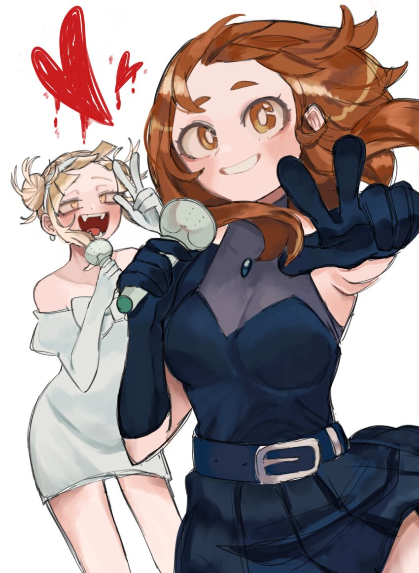 2girls, alien_stage, belt, black_belt, black_dress, black_gloves, blonde_hair, blush