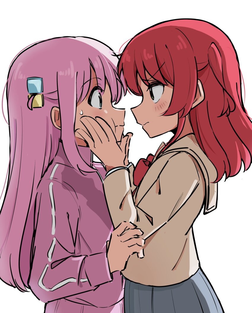 2girls, 5alive, absurdres, blue_eyes, blush, bocchi_the_rock!, bow, bowtie