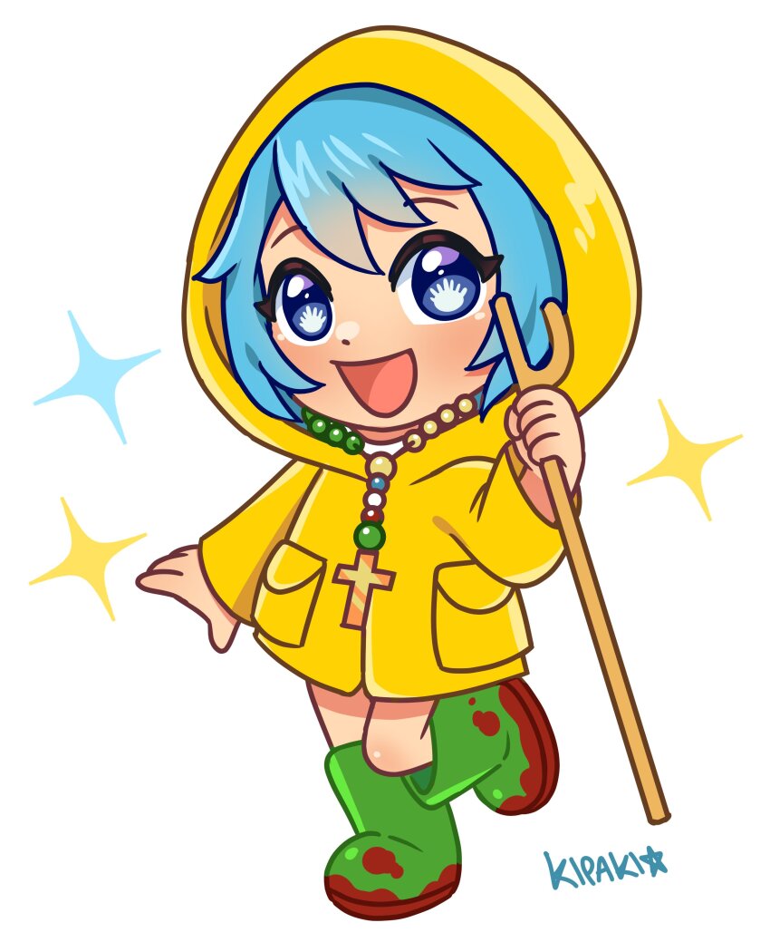 1girl, absurdres, aqua_hair, artist_name, blue_eyes, boots, chibi, chibi_only, commentary, cross, cross_necklace, dirty, dirty_clothes, dot_nose, english_commentary, green_boots, highres, holding, hood, hoodie, jewelry, jubilee_2025, kipaki, looking_at_viewer, luce_(jubilee_2025), necklace, open_mouth, signature, simple_background, smile, solo, sparkle, white_background, yellow_hoodie