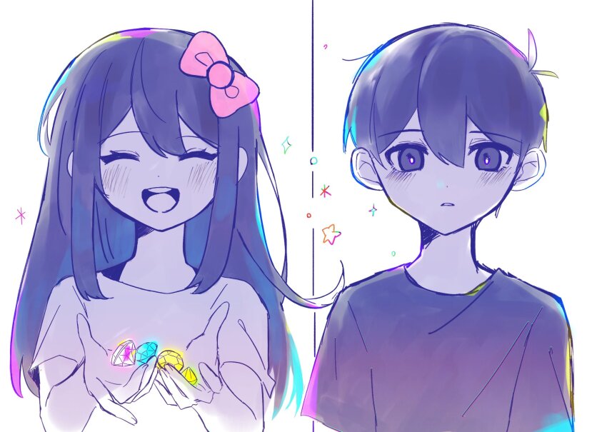 1boy, 1girl, aubrey_(headspace)_(omori), aubrey_(omori), blush, bow, closed_eyes, hair_bow