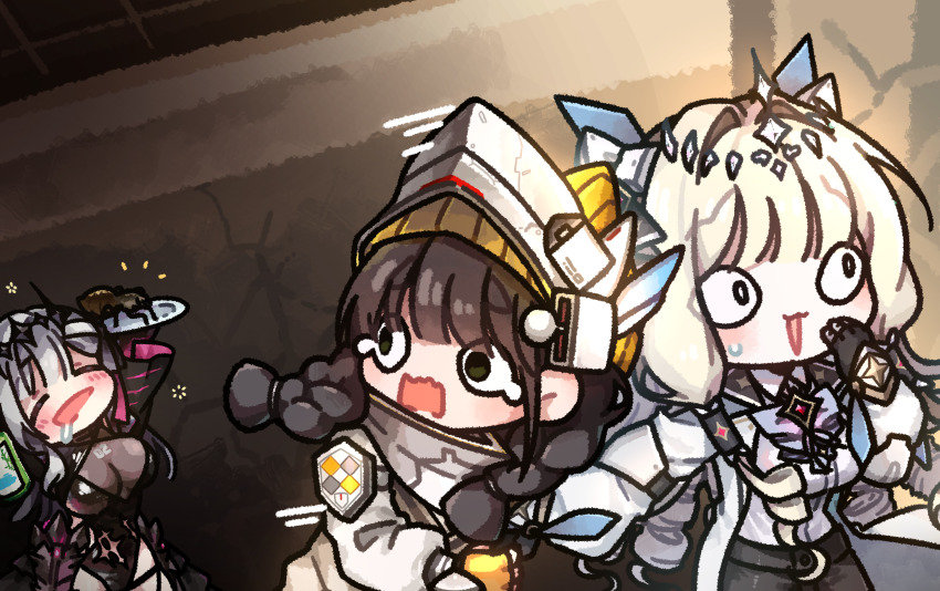 <|>_<|>, 3girls, absurdres, bandaged_head, bandages, beanie, black_dress, black_gloves