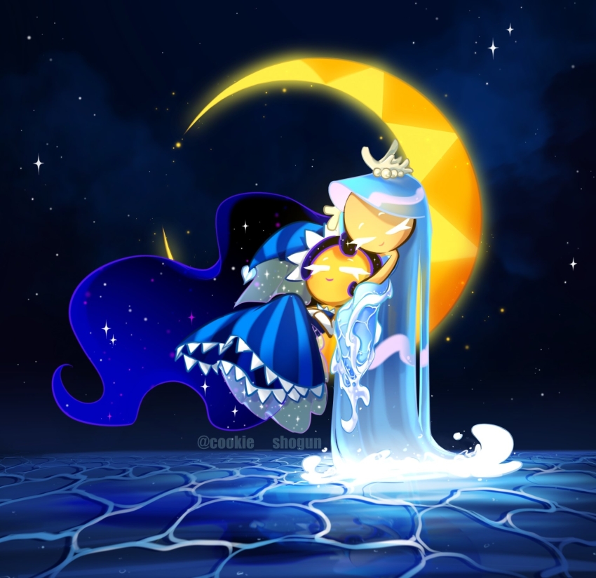 2girls, blue_dress, blue_hair, blue_theme, closed_eyes, commentary, cookie_run, cookie_shogun, coral_hair_ornament, couple, crescent_moon, dress, english_commentary, hair_ornament, hat, highres, liquid_hair, long_dress, long_hair, moon, moonlight_cookie, multiple_girls, official_style, sea_fairy_cookie, sky, sleeping, smile, star_(sky), very_long_hair, water, water_dress, watermark, yuri