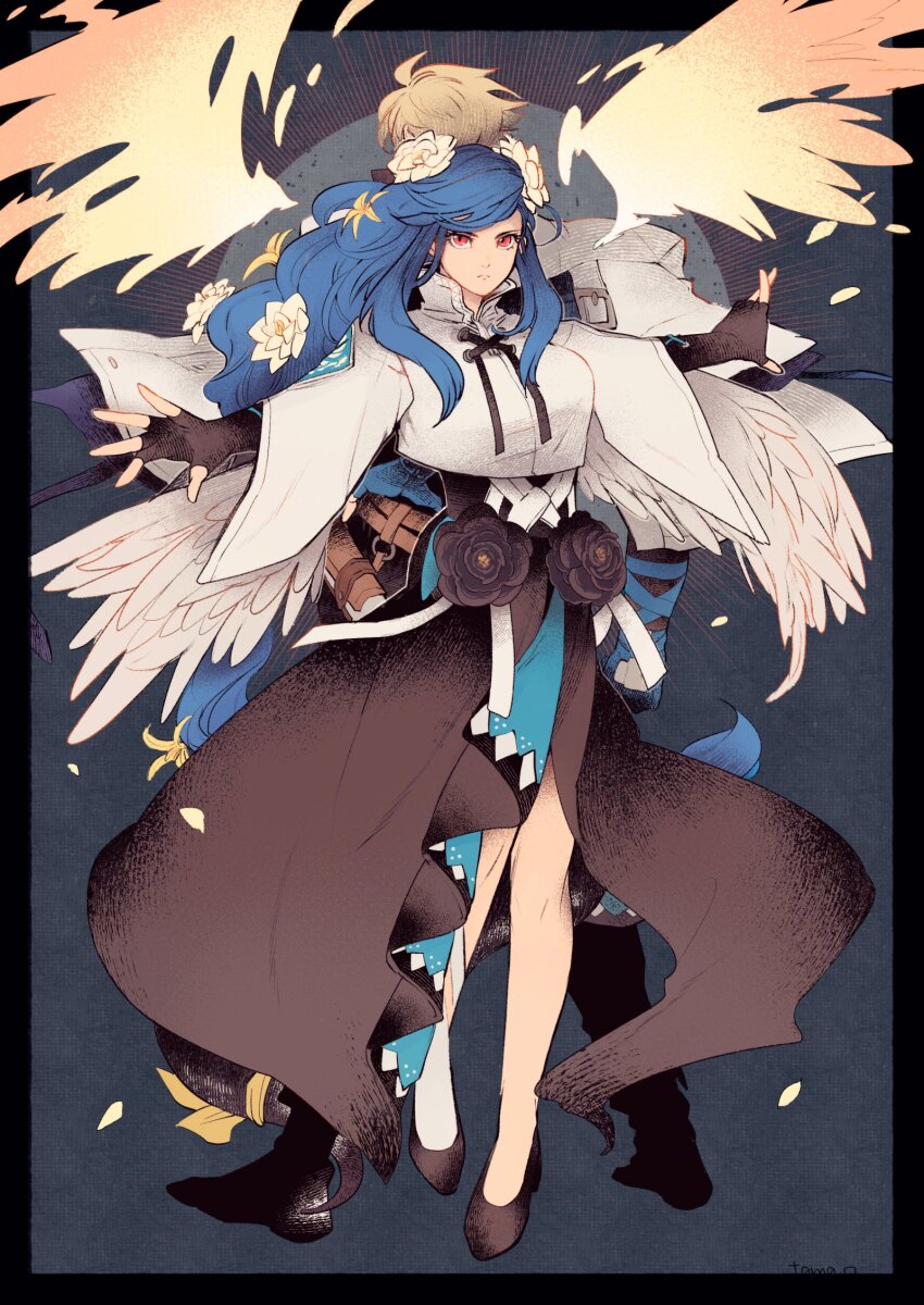 1boy, 1girl, angel_wings, black_border, black_flower, black_skirt, blonde_hair, blue_hair