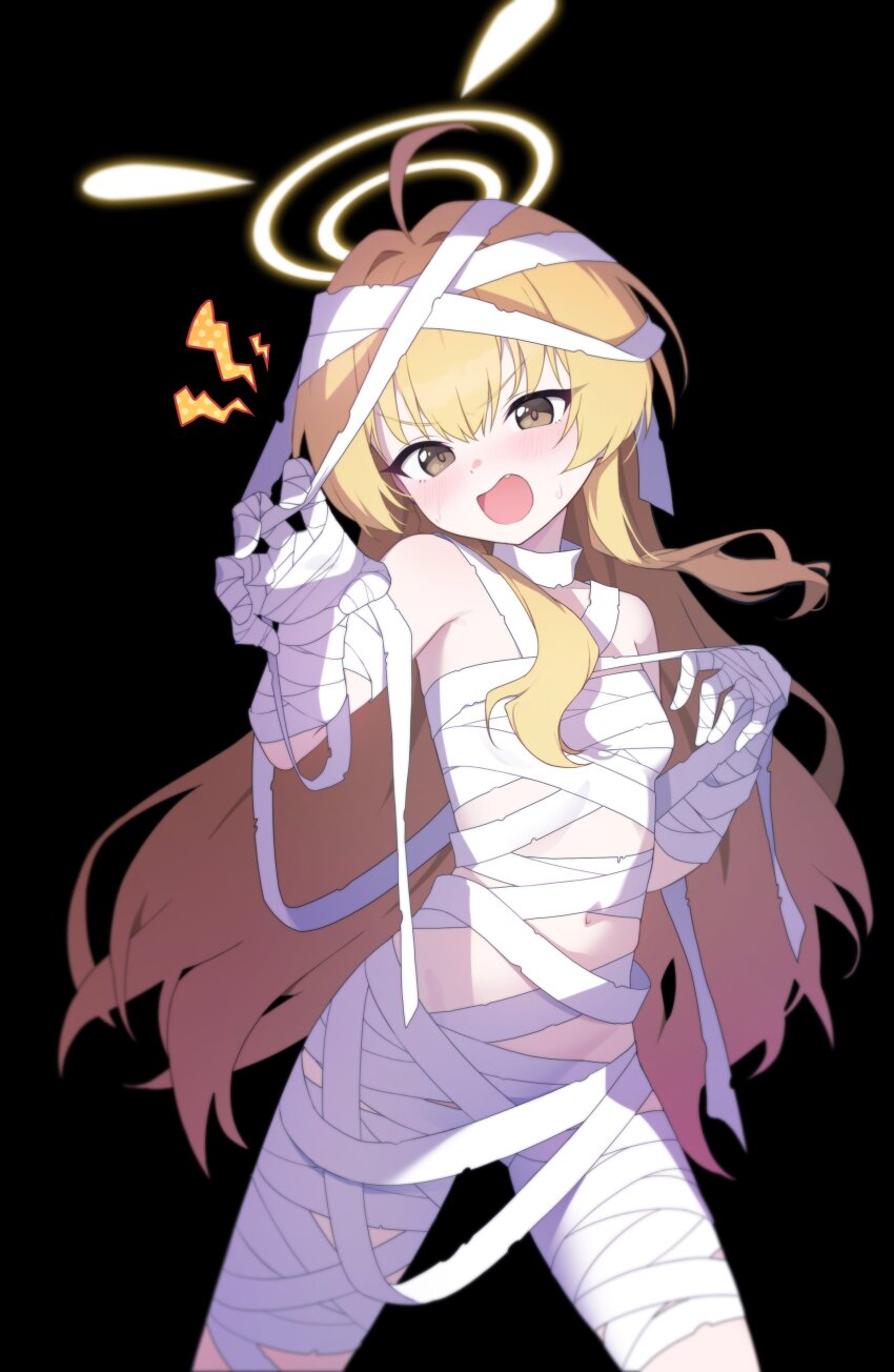 1girl, absurdres, ahoge, angcha, bandaged_arm, bandaged_chest, bandaged_head, bandaged_leg