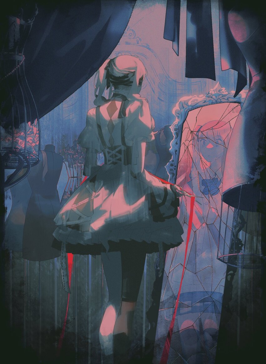 1other, akiyama_mizuki, black_dress, bow, bowtie, broken_mirror, daniel_(breloomings), different_reflection, dress, flower, highres, jacket, keikyoku_no_machi_wa_doko_e_(project_sekai), long_hair, looking_at_reflection, mannequin, mirror, partially_colored, project_sekai, red_ribbon, reflection, ribbon, rose, scissors, side_ponytail, sidelocks, two-tone_dress, white_dress, white_flower, white_rose