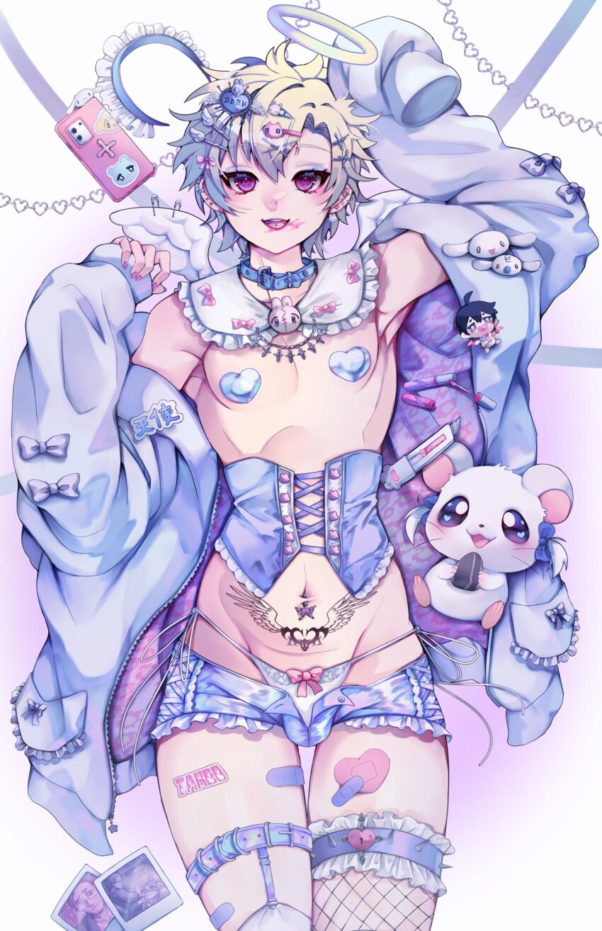 1boy, blonde_hair, bulge, cameo, cellphone, character_doll, cinnamoroll, commentary, corset, doll, ecchibeef, english_commentary, fuwa_fuwa_cinnamoroll, halo, hamtaro_(series), heart_pasties, highres, jacket, legwear_garter, male_focus, milk_(cinnamoroll), open_clothes, open_jacket, original, panties, pasties, phone, pink_eyes, pubic_tattoo, purple_shorts, ribbon_(hamtaro), sanrio, short_hair, short_shorts, shorts, smartphone, solo, standing, stuffed_hamster, tattoo, trap, underwear, white_panties, yami_kawaii