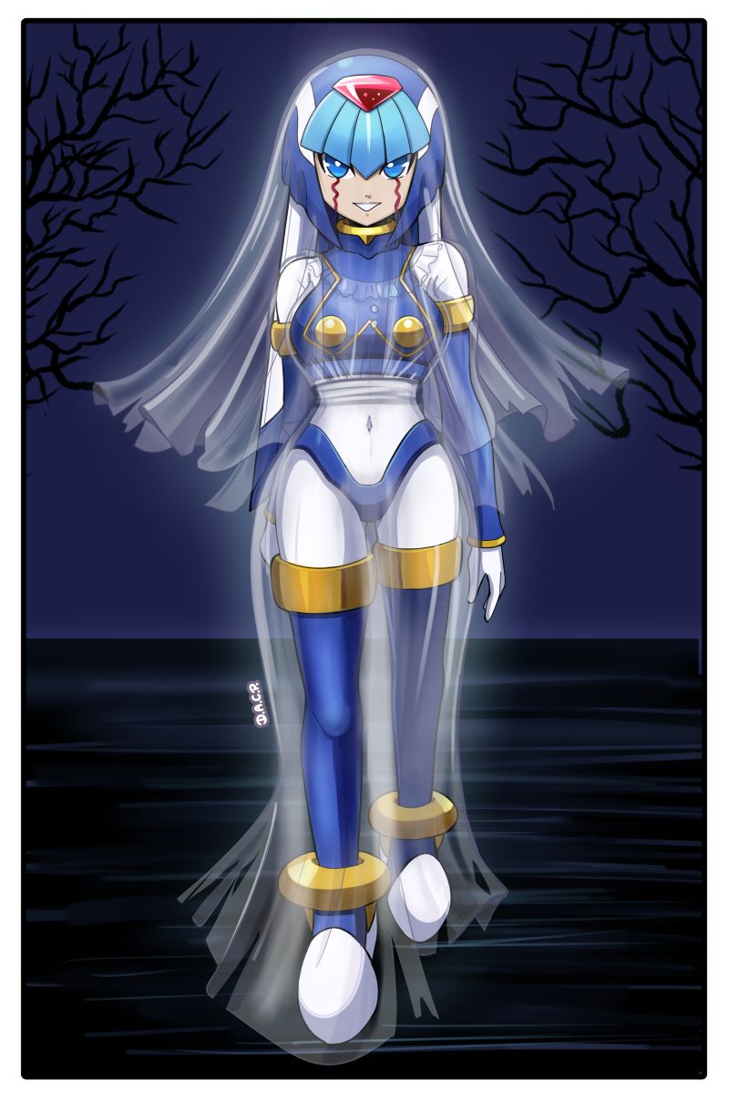 1girl, android, blue_eyes, blue_helmet, breasts, bridal_veil, deniacp, dress