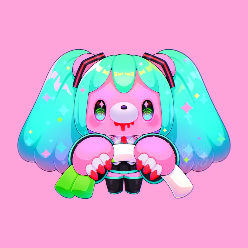 1boy, aqua_hair, bear_boy, blood, chibi, chibi_only, chibikemo, claws, commentary, cosplay, crossdressing, crossdressing_(mtf), english_commentary, furry, furry_male, gloomy_bear, hatsune_miku, hatsune_miku_(cosplay), highres, itazuraguma_no_gloomy, male_focus, personification, pink_background, pink_theme, plushunagi, simple_background, solo, spring_onion, standing, twintails, vocaloid, worldwide_miku