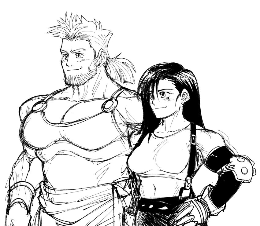 1boy, 1girl, beard, biceps, breasts, capsule_(capsulecomputrz), crop_top, elbow_gloves