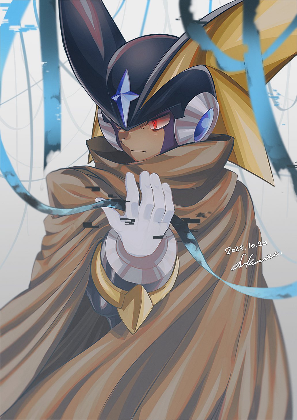 1boy, baron-0628, bass.exe_(mega_man), black_helmet, blue_ribbon, brown_cloak, cloak, cowboy_shot