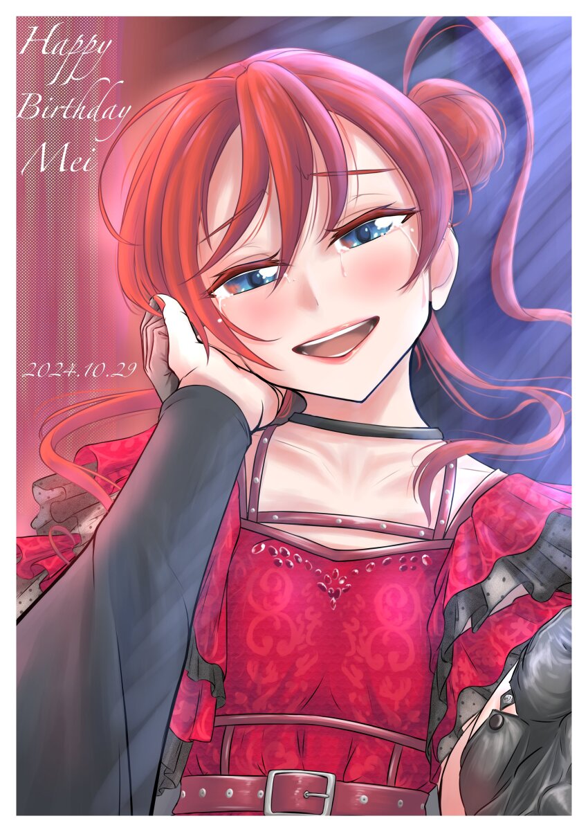 2girls, :d, absurdres, akane_gokoro, blue_eyes, blush, border, character_name