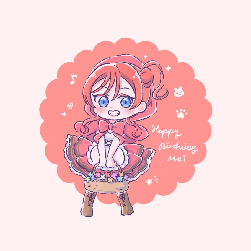 1girl, abukero, basket, blue_eyes, blush, boots, border, bow