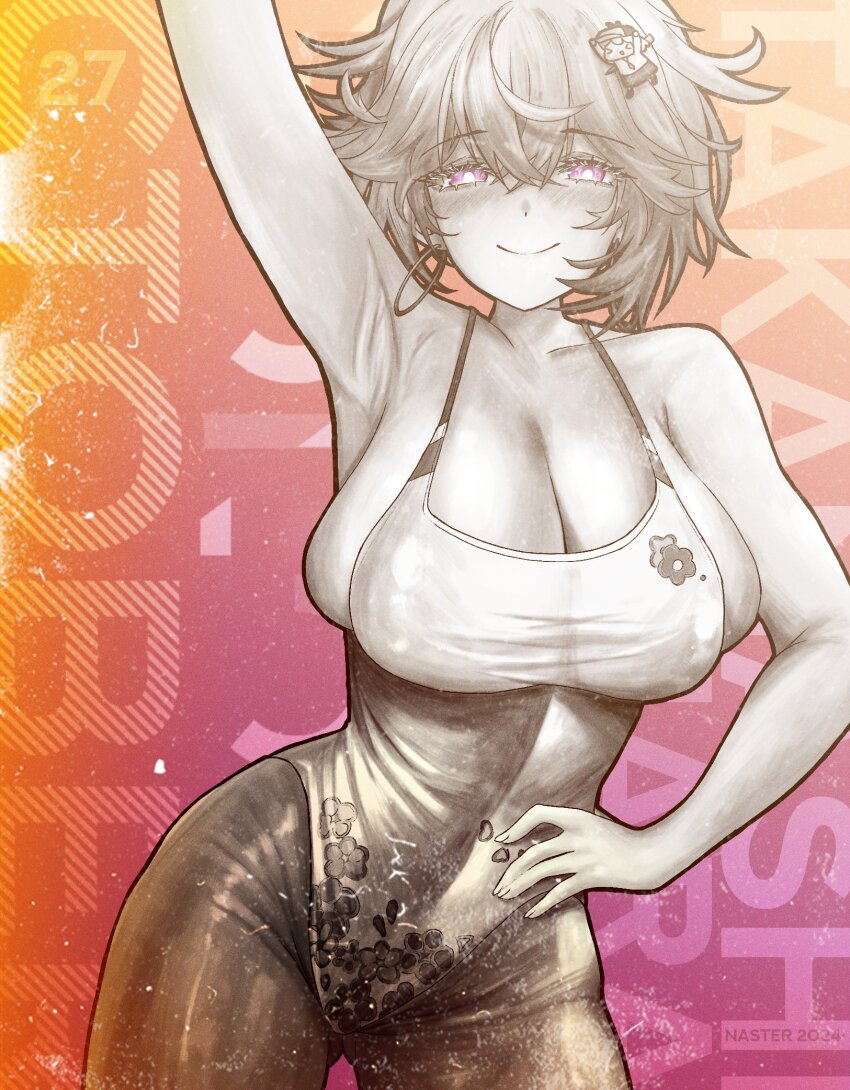 1girl, arm_up, blush, breasts, character_hair_ornament, cleavage, earrings, hair_ornament, hand_on_hilt, highres, hololive, hololive_english, hoop_earrings, jewelry, large_breasts, leotard, looking_at_viewer, nasterro, pink_eyes, short_hair, smile, smol_ame, solo, spot_color, takanashi_kiara, takanashi_kiara_(fever_night), virtual_youtuber, watson_amelia