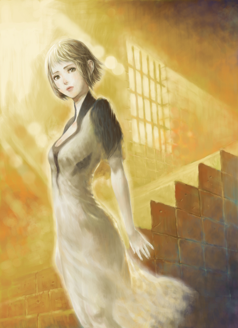 1girl, bad_id, bad_pixiv_id, breasts, brown_eyes, brown_hair, cleavage, dress, female_focus, ico, large_breasts, lips, long_dress, short_hair, silver_hair, solo, stairs, teru_(blue3737), yorda