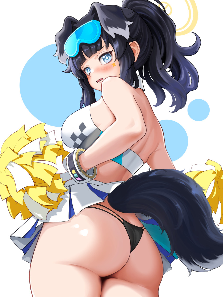1girl, absurdres, animal_ears, ass, bare_legs, black_hair, black_panties, blue_archive, blush, breasts, cheerleader, commentary, dog_ears, dog_tail, extra_ears, goggles, goggles_on_head, halo, hibiki_(blue_archive), hibiki_(cheer_squad)_(blue_archive), highres, holding, holding_pom_poms, looking_at_viewer, looking_to_the_side, median_furrow, medium_breasts, micro_panties, microskirt, miniskirt, official_alternate_costume, panties, parabi, pleated_skirt, pom_pom_(cheerleading), pom_poms, ponytail, sidelocks, skirt, solo, tail, tail_under_clothes, underwear