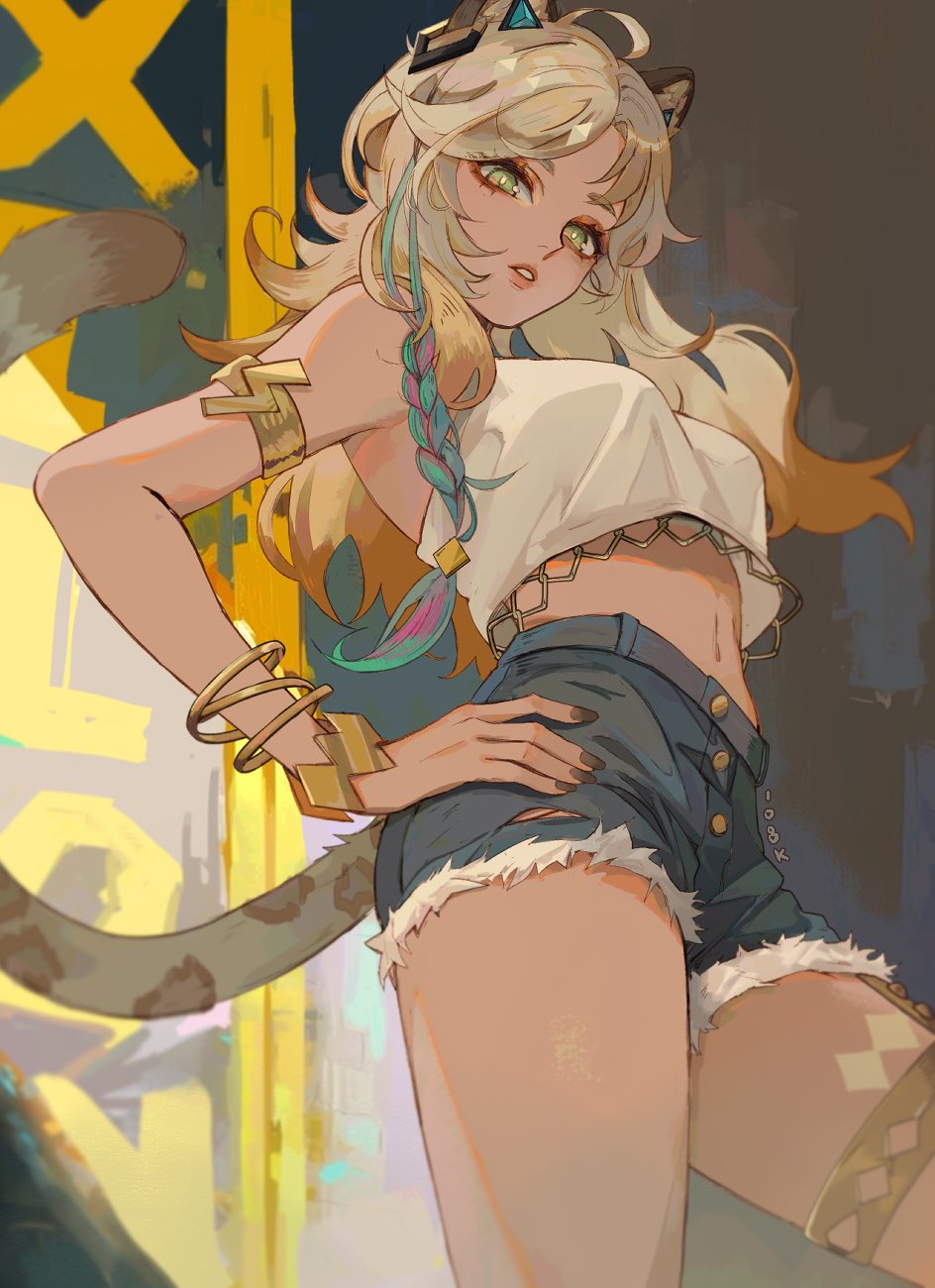 1girl, 1o8k, ahoge, animal_ears, armlet, bare_shoulders, black_nails, blonde_hair, bracelet, breasts, commentary, crop_top, cutoffs, english_commentary, from_below, genshin_impact, green_eyes, hair_ornament, hand_on_own_hip, high-waist_shorts, highres, jaguar_ears, jaguar_girl, jaguar_tail, jewelry, long_hair, looking_down, low-tied_long_hair, medium_breasts, midriff, nail_polish, navel, parted_lips, short_shorts, shorts, solo, tail, tank_top, thighlet, thighs, white_tank_top, xilonen_(genshin_impact)