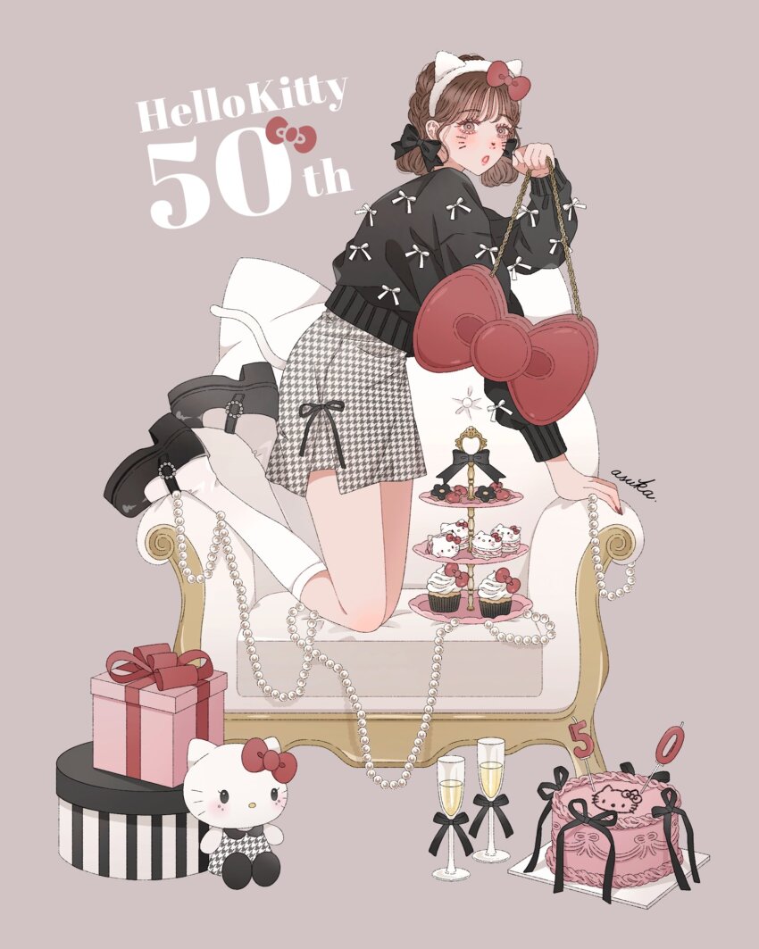 1girl, aegyo_sal, alcohol, animal_ears, anniversary, asuka_(a20_suka002018), bag, black_shoes