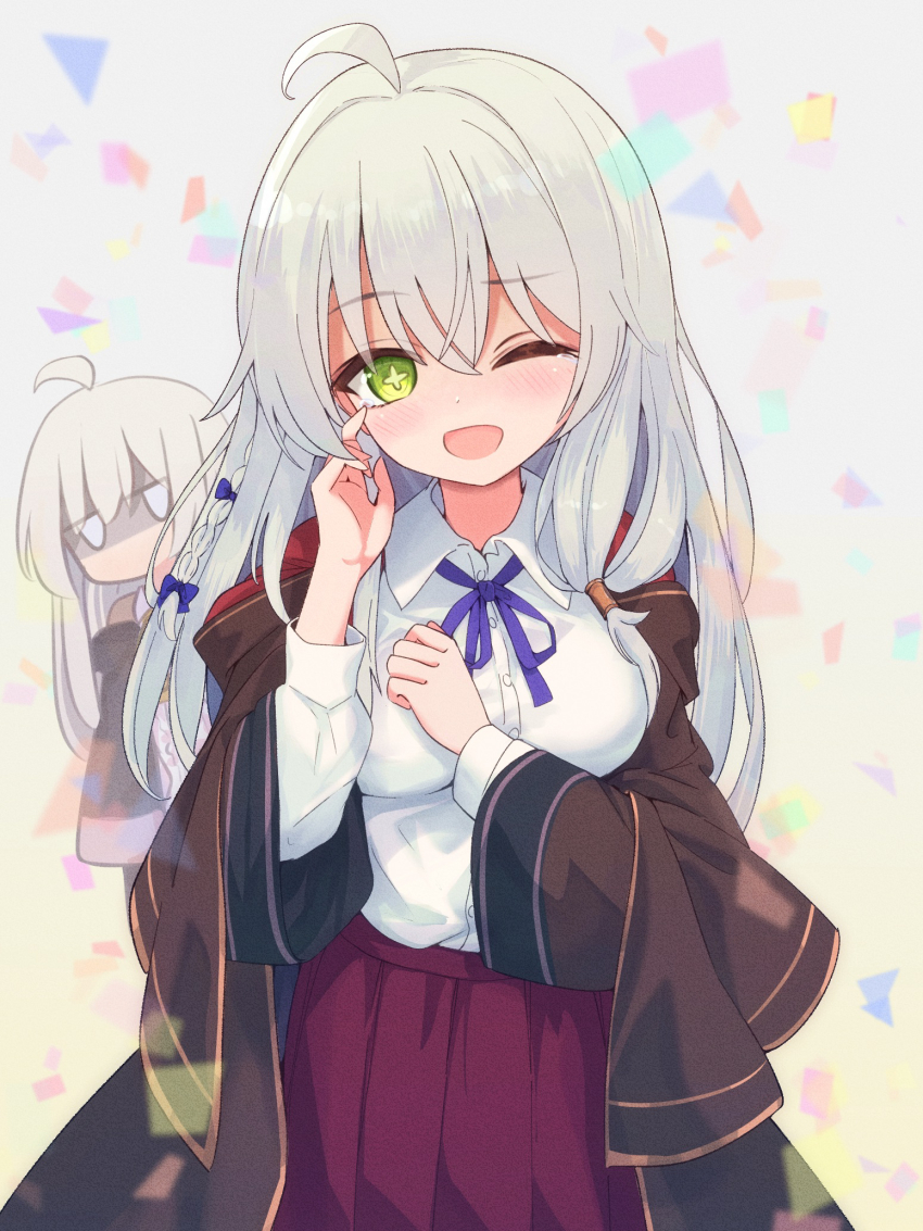 2girls, ahoge, angry, braid, breasts, brown_cloak, buttons, clenched_hand