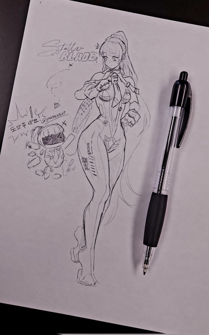 >_<, 1girl, ?, bodysuit, breasts, copyright_name, covered_navel, eve_(stellar_blade)