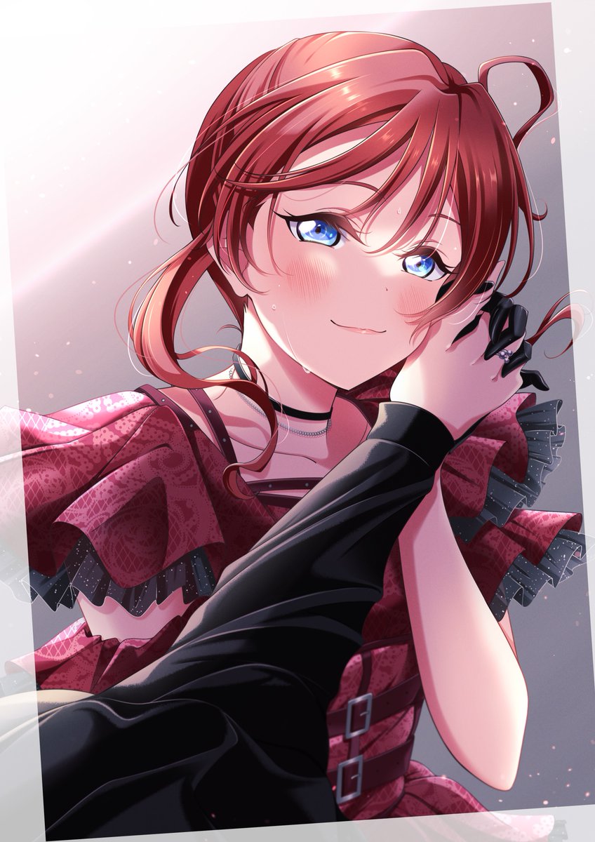 2girls, :3, akane_gokoro, black_choker, black_dress, black_gloves, blue_eyes, blush, border, choker, closed_mouth, collarbone, commentary_request, dress, female_pov, glass_ball_rejection, gloves, hair_bun, highres, holding_hands, interlocked_fingers, long_sleeves, looking_at_viewer, love_live!, love_live!_superstar!!, multiple_girls, nico_ron_nico, official_alternate_costume, pov, pov_hands, red_dress, red_hair, short_hair_with_long_locks, short_sleeves, single_side_bun, smile, transparent_border, upper_body, wakana_shiki, white_border, yoneme_mei, yuri