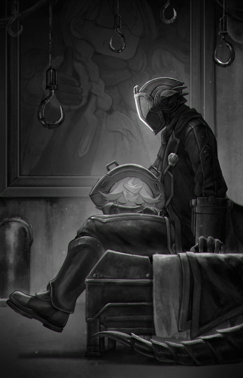 1boy, 1girl, absurdres, bondrewd, boots, coat, gloves, greyscale, hat, helm, helmet, highres, hook, long_sleeves, made_in_abyss, masked, monochrome, overcoat, prushka, sitting, sleeping, tail, tkhalloween, whistle