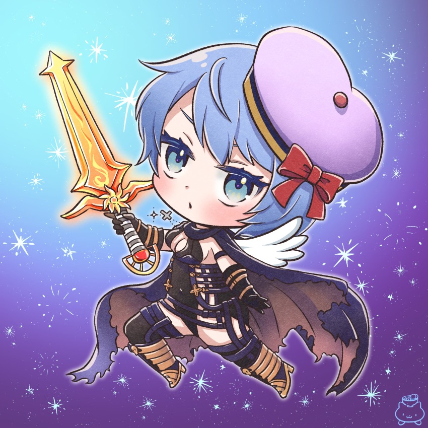 1girl, absurdres, black_cape, black_gloves, black_leotard, black_thighhighs, blue_background, blue_eyes