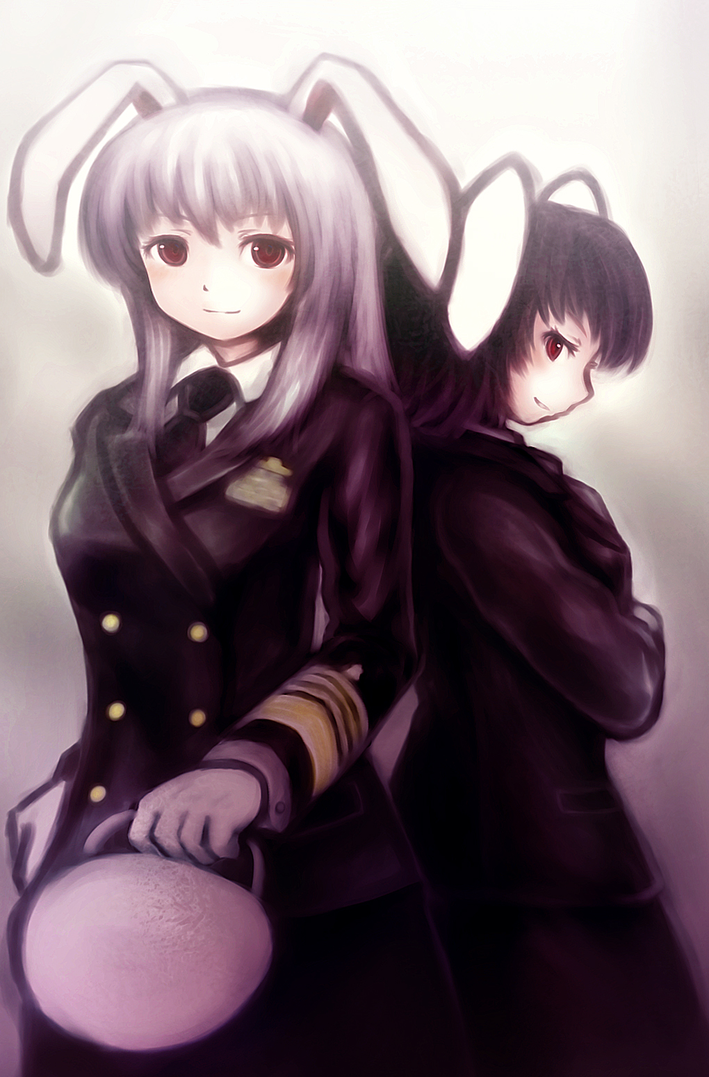 2girls, animal_ears, brown_hair, female_focus, gradient_background, hat, highres, inaba_tewi